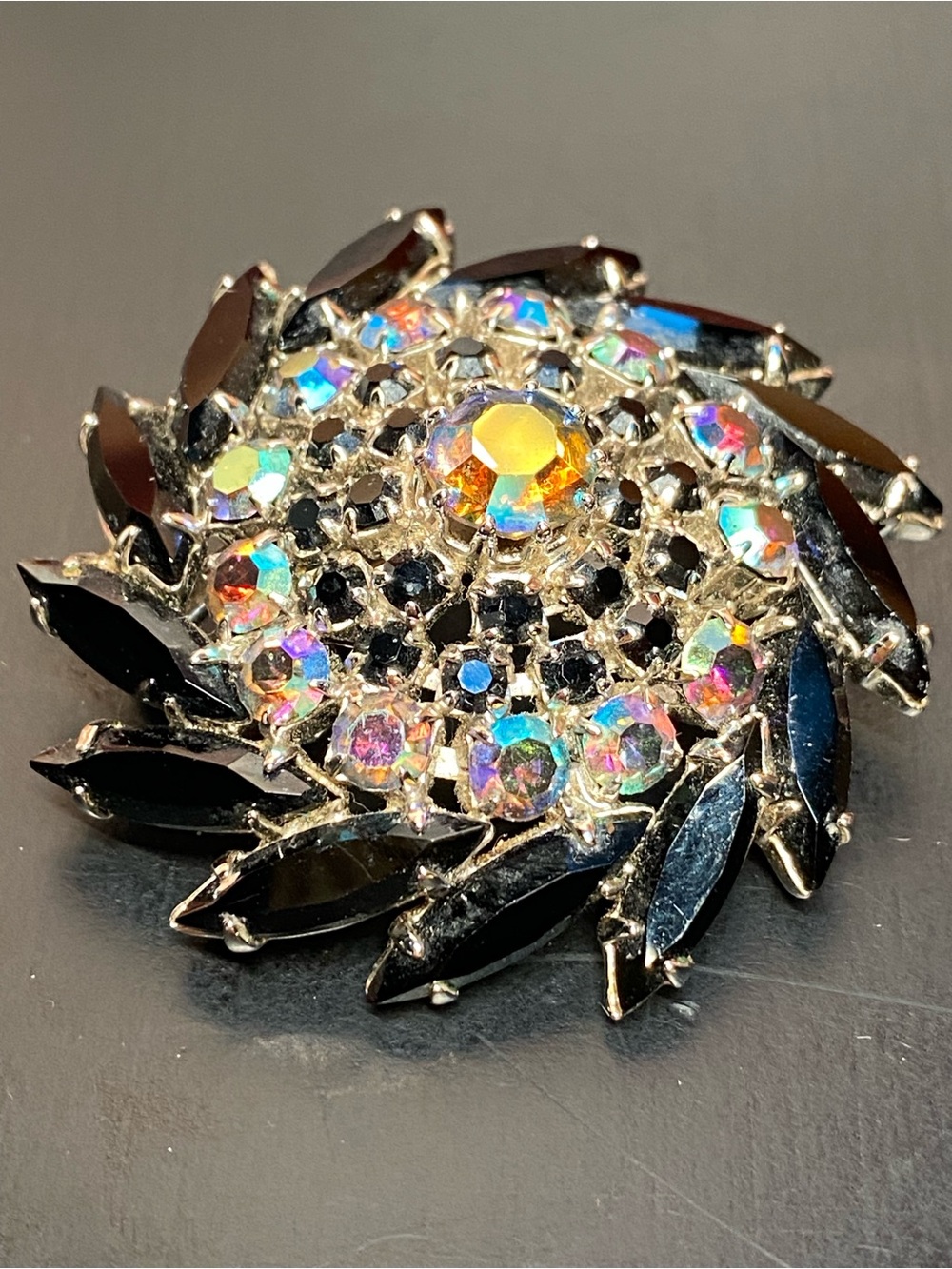 🍇 Mid Century Austrian Aurora Borealis and Jet Black Navette Rhinestone Brooch